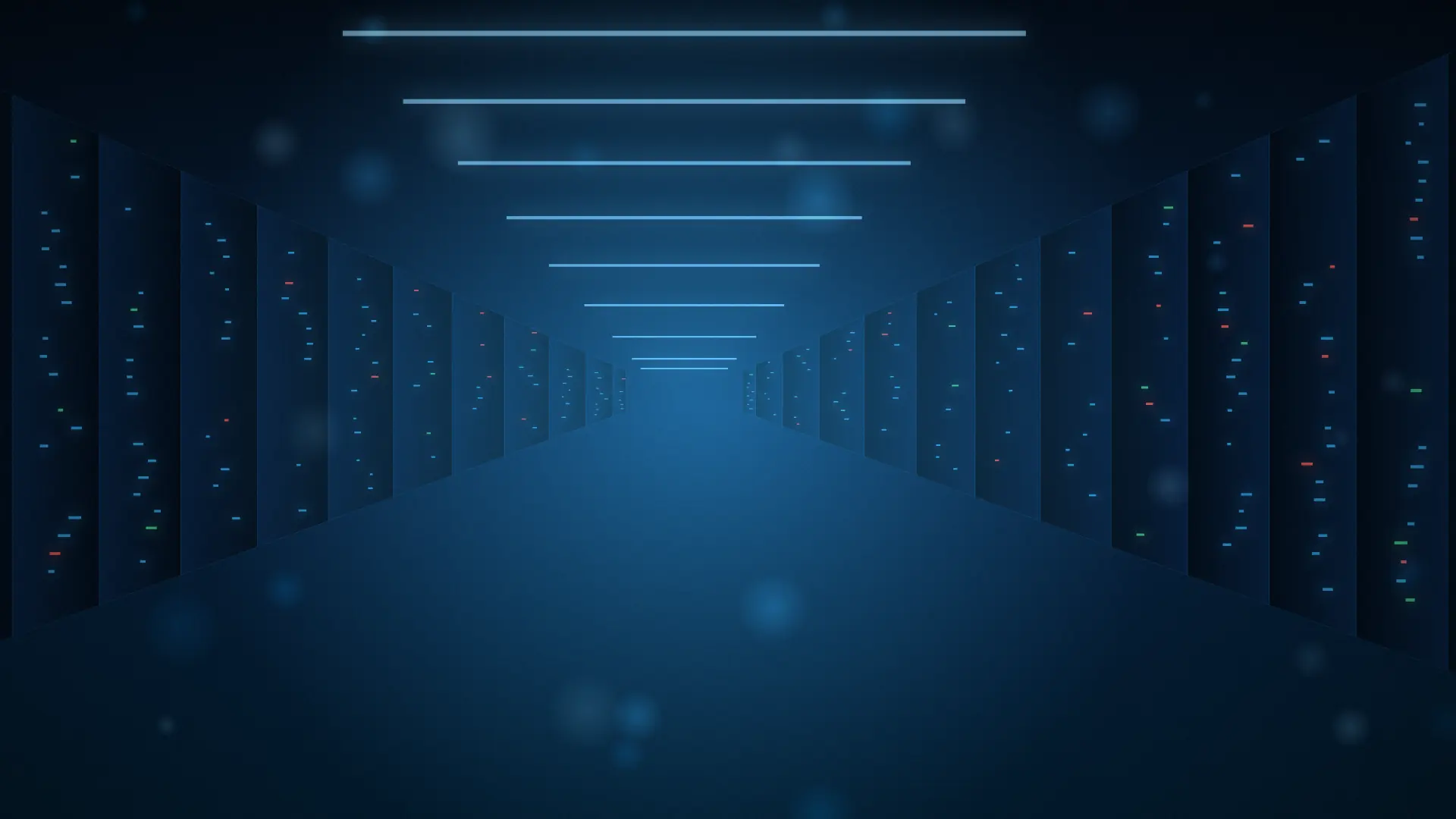 Modern data center corridor with rows of illuminated servers